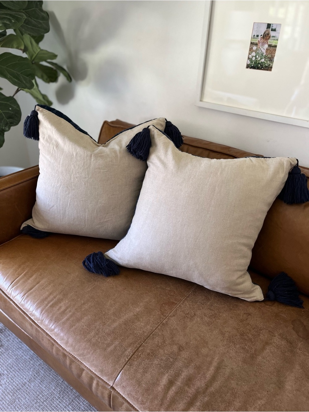Pair of Pottery Barn Aileen Jacquard Navy Blue Pom Pom Pillow Covers - Picture 4 of 6